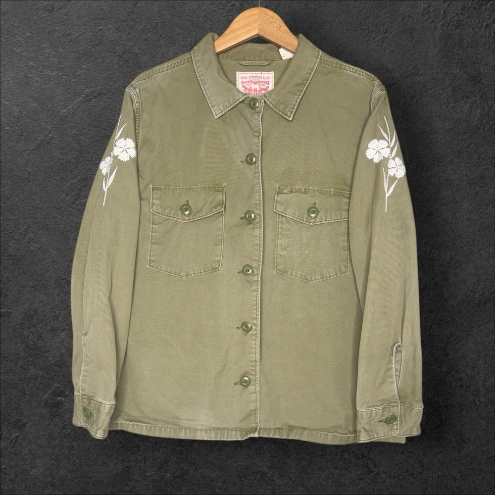 Levis Army Green Floral Embroidered Overshirt Shacket Shirt FLAWED Size XL READ